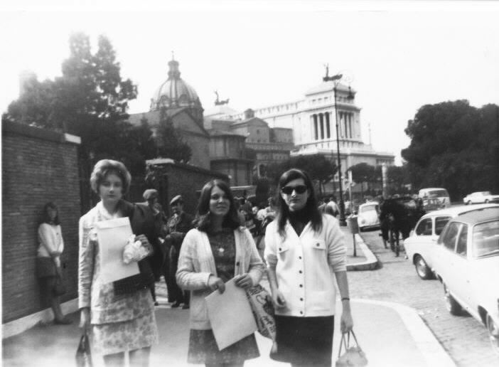 Senior trip to Rome.  Kathy Johnson , Frankie Morehouse (deceased) and me, Edith Mold .  We were grounded because we fratenized with the Italians and had to stay with the chaperone for the remainder of the trip, which was ok, because there was only one day left.